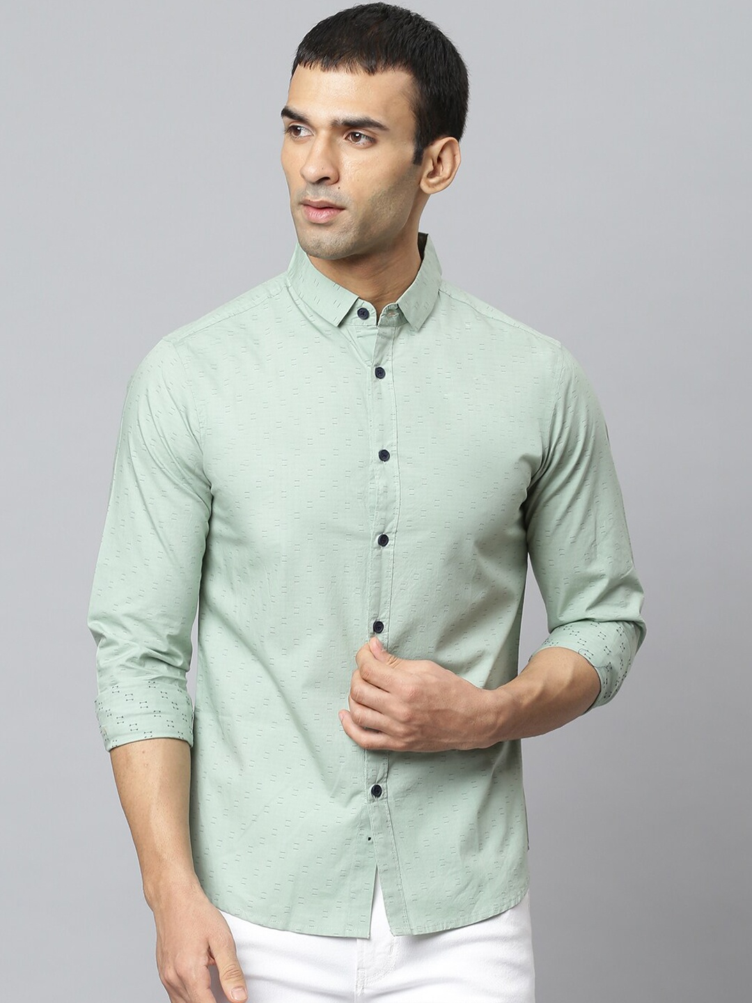

Dennis Lingo Men Green Modern Slim Fit Opaque Printed Cotton Casual Shirt