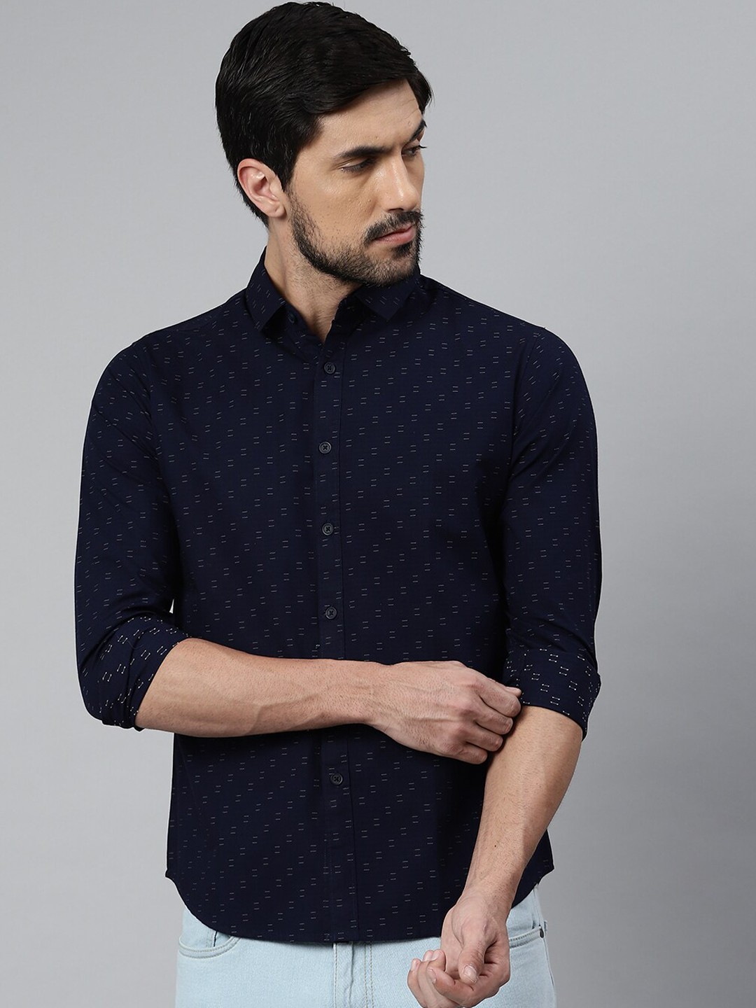 

Dennis Lingo Men Navy Blue Modern Slim Fit Opaque Micro Ditsy Printed Cotton Casual Shirt