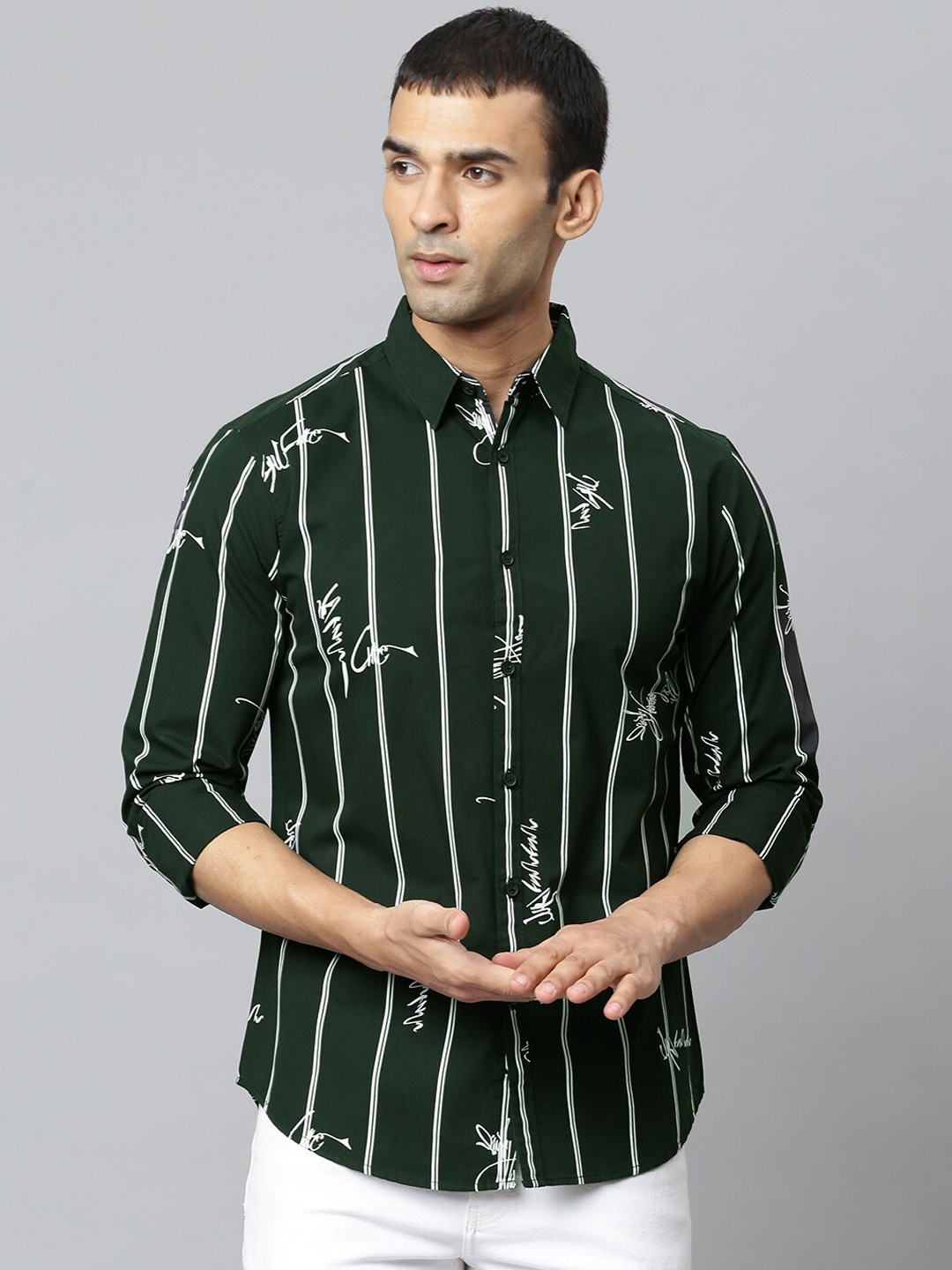 

Dennis Lingo Men Green & White Modern Slim Fit Opaque Striped Cotton Casual Shirt