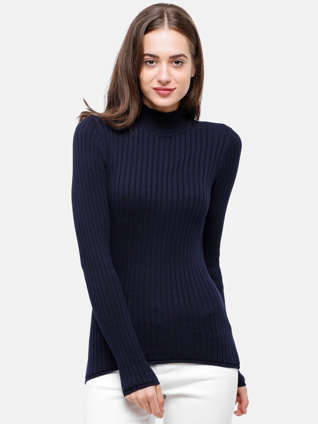 

98 Degree North Women Navy Blue Striped Self Design Pure Cotton Pullover