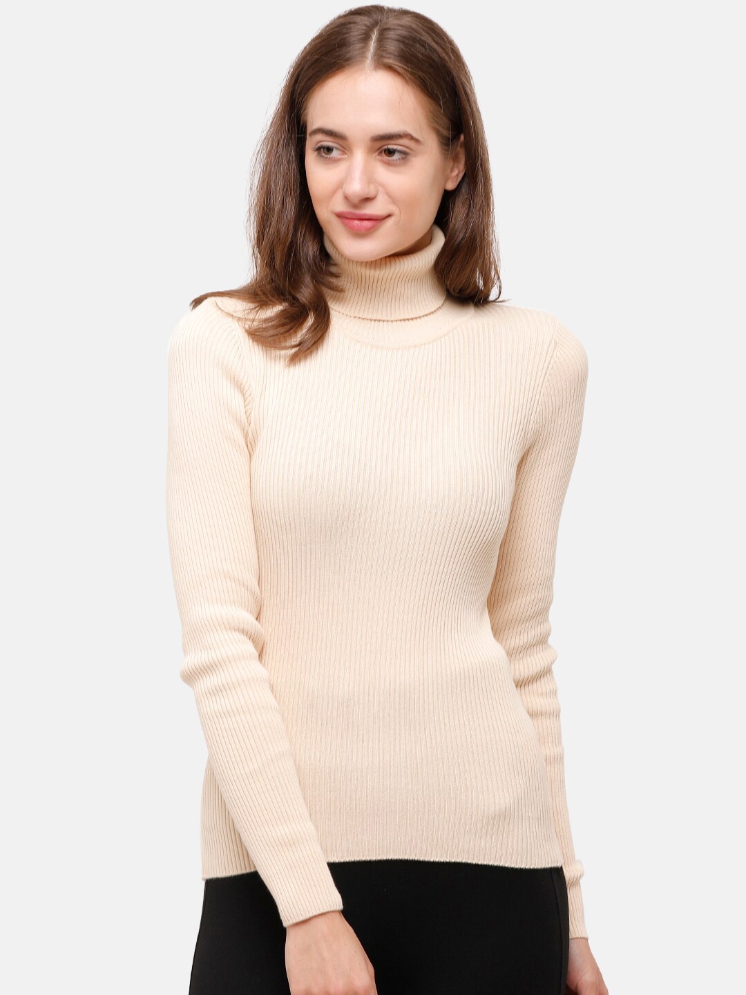 

98 Degree North Women Cream-Coloured Ribbed Pullover