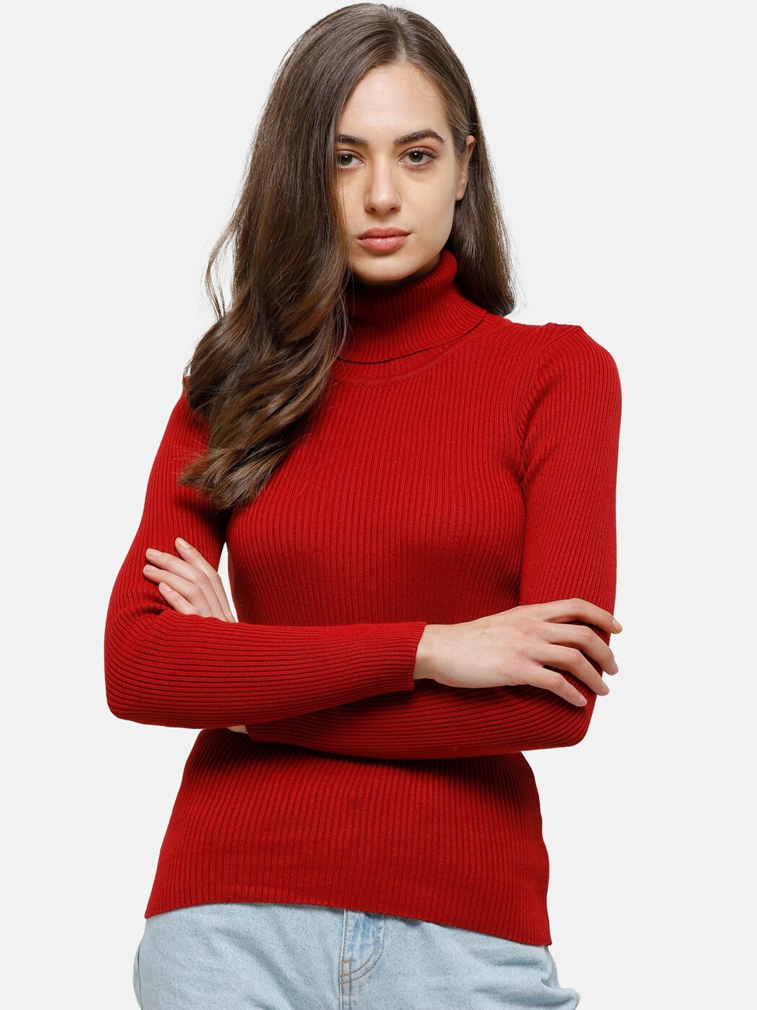 

98 Degree North Women Red Turtle Neck Pullover