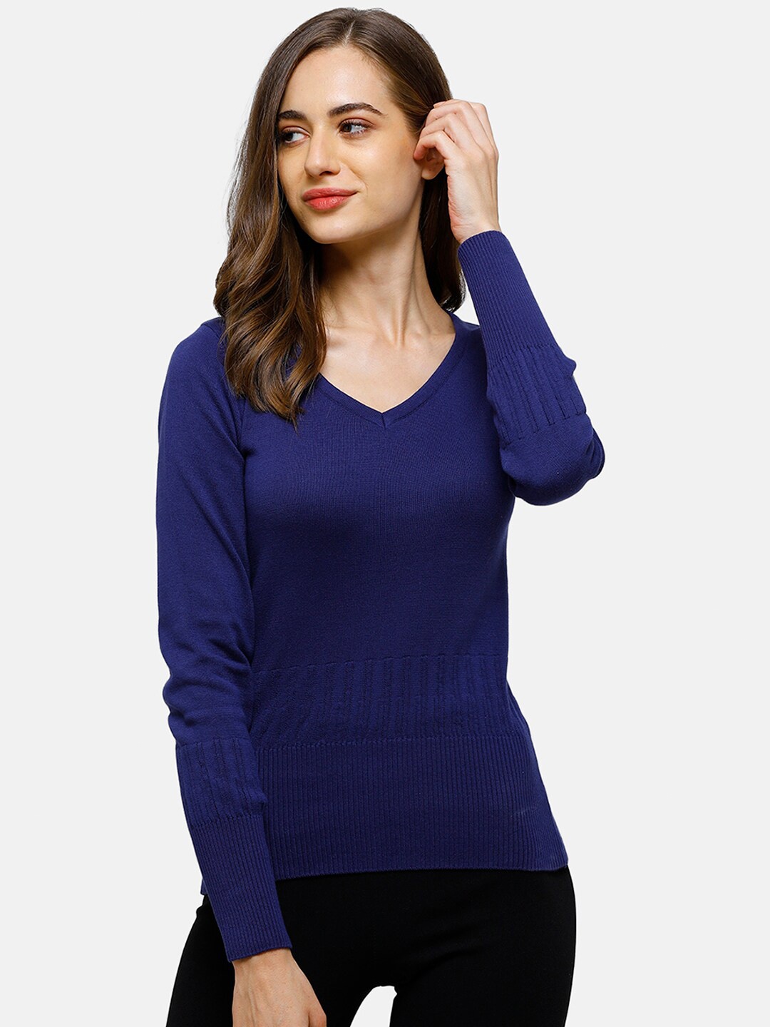 

98 Degree North Women Navy Blue Solid Pullover