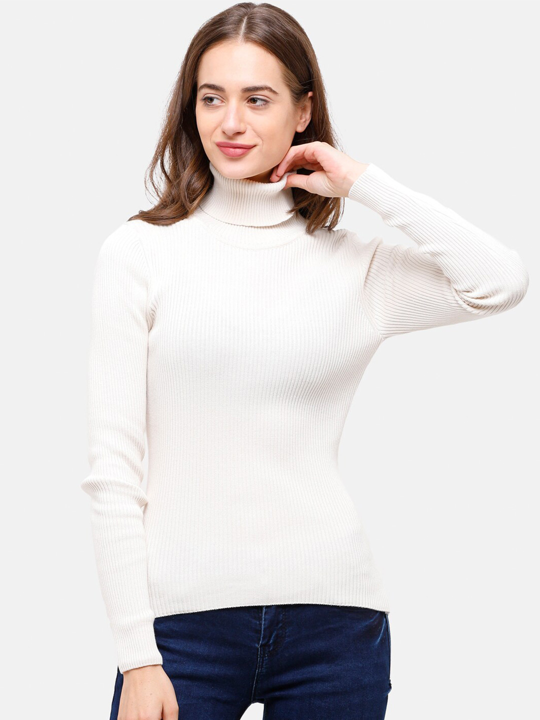 

98 Degree North Women Off White Ribbed Pullover