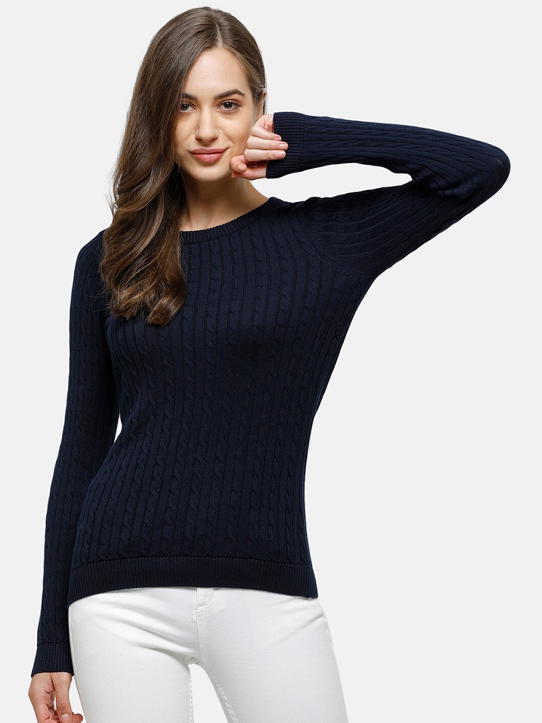 

98 Degree North Women Navy Blue Cable Knit Pullover