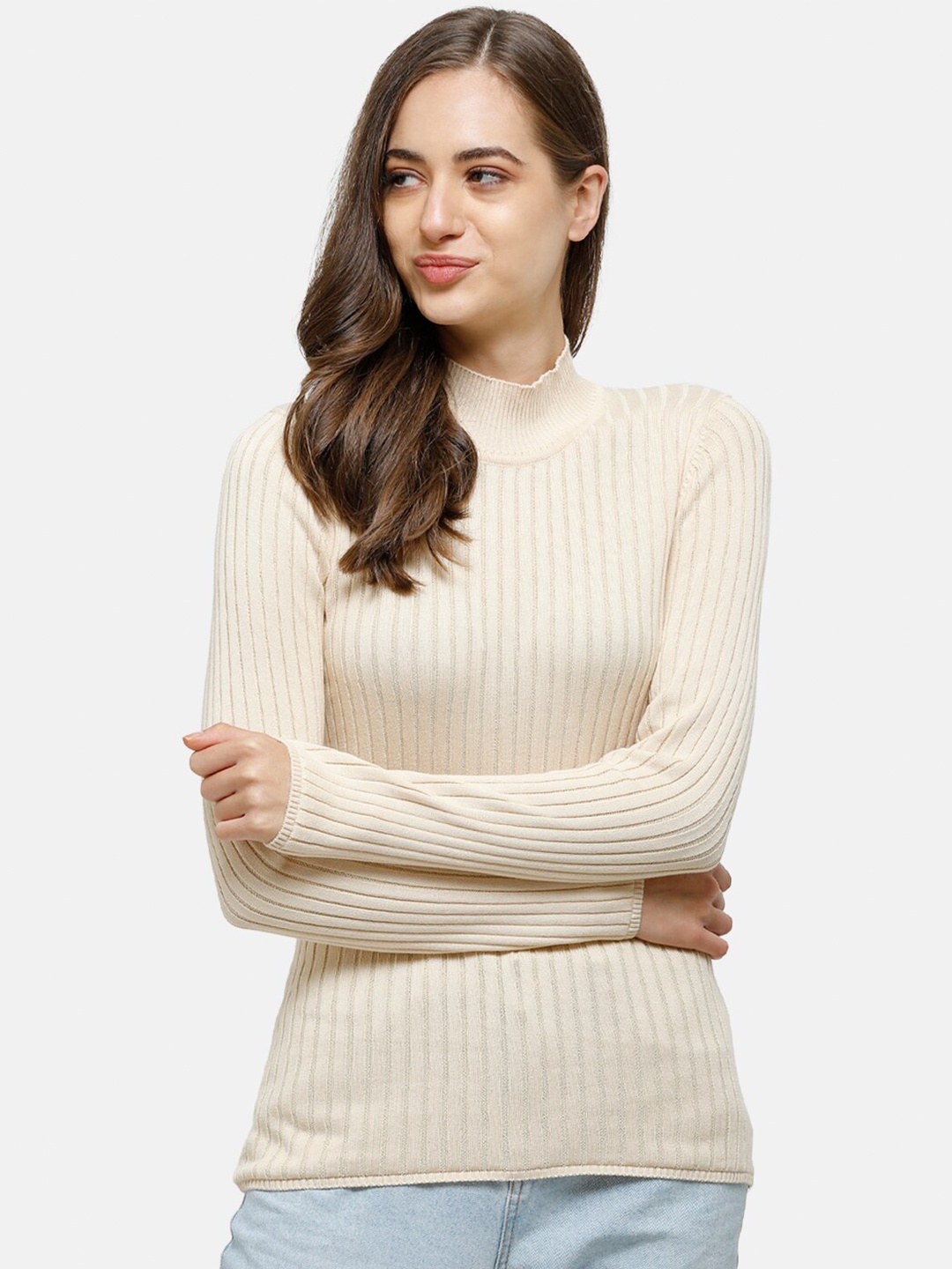 

98 Degree North Women Cream-Coloured Ribbed Pullover