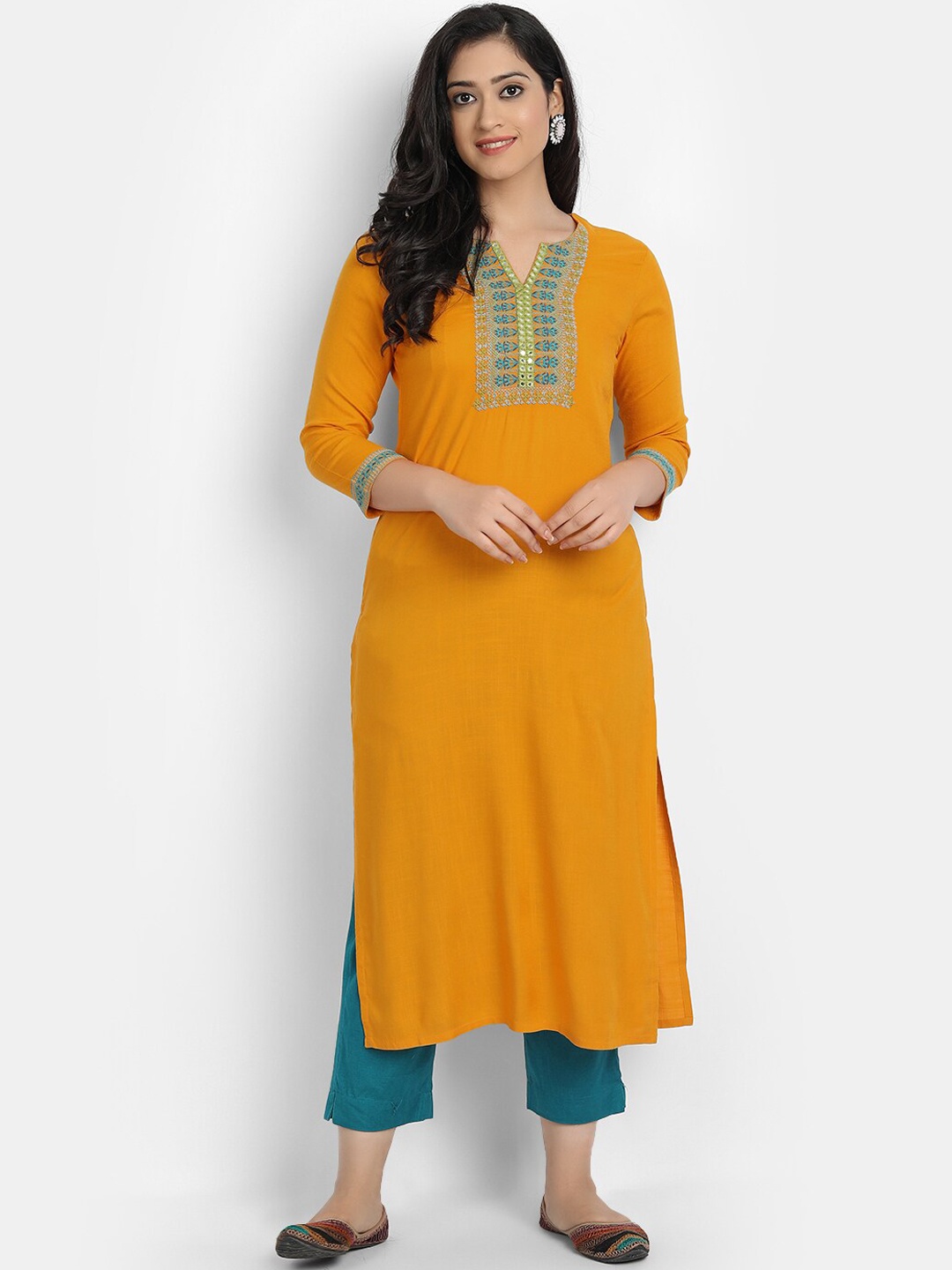 

fabGLOBAL Women Mustard Yellow & Blue Thread Work Kurta