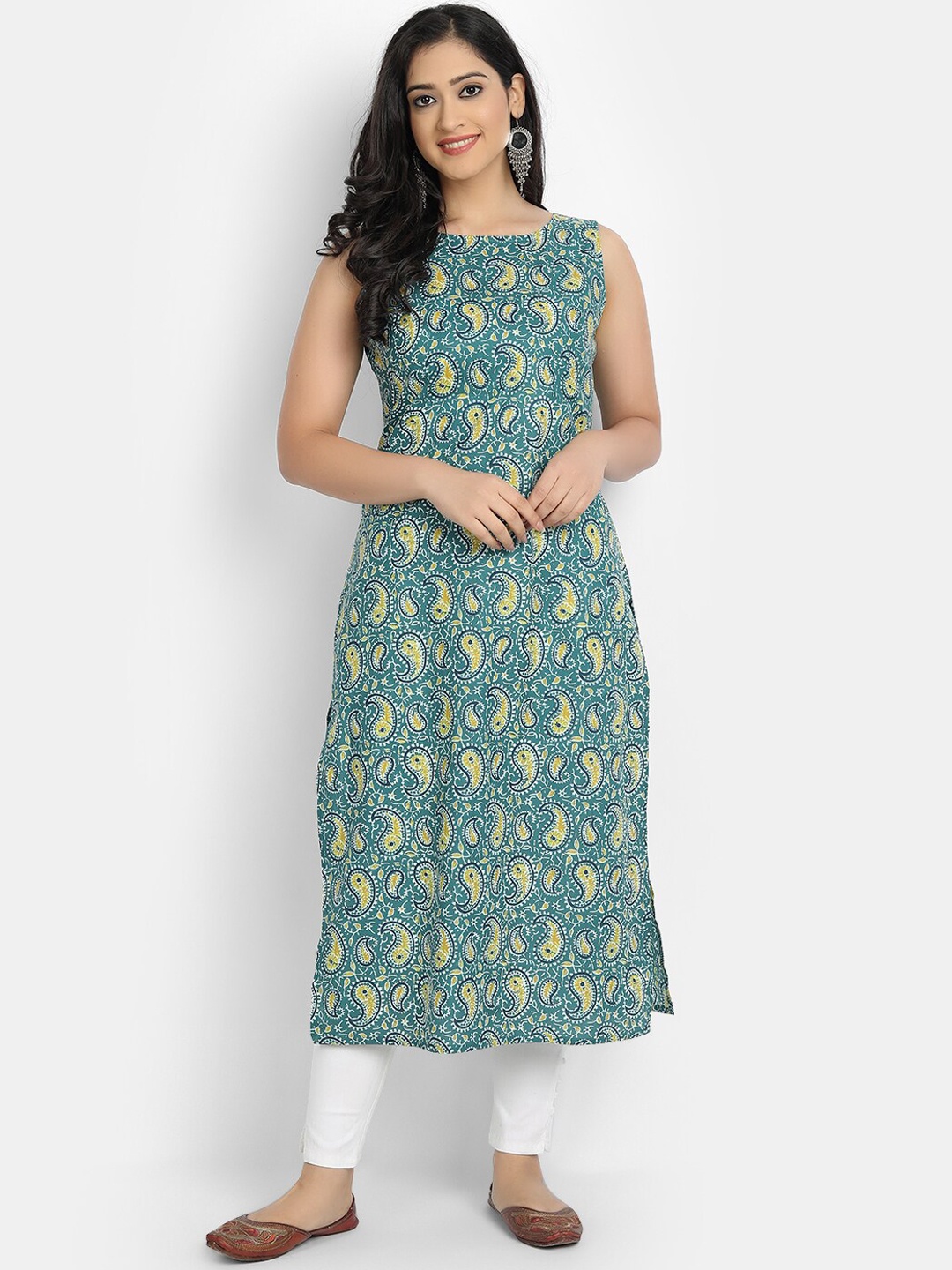 

fabGLOBAL Women Green & Yellow Ethnic Motif Printed Kurta