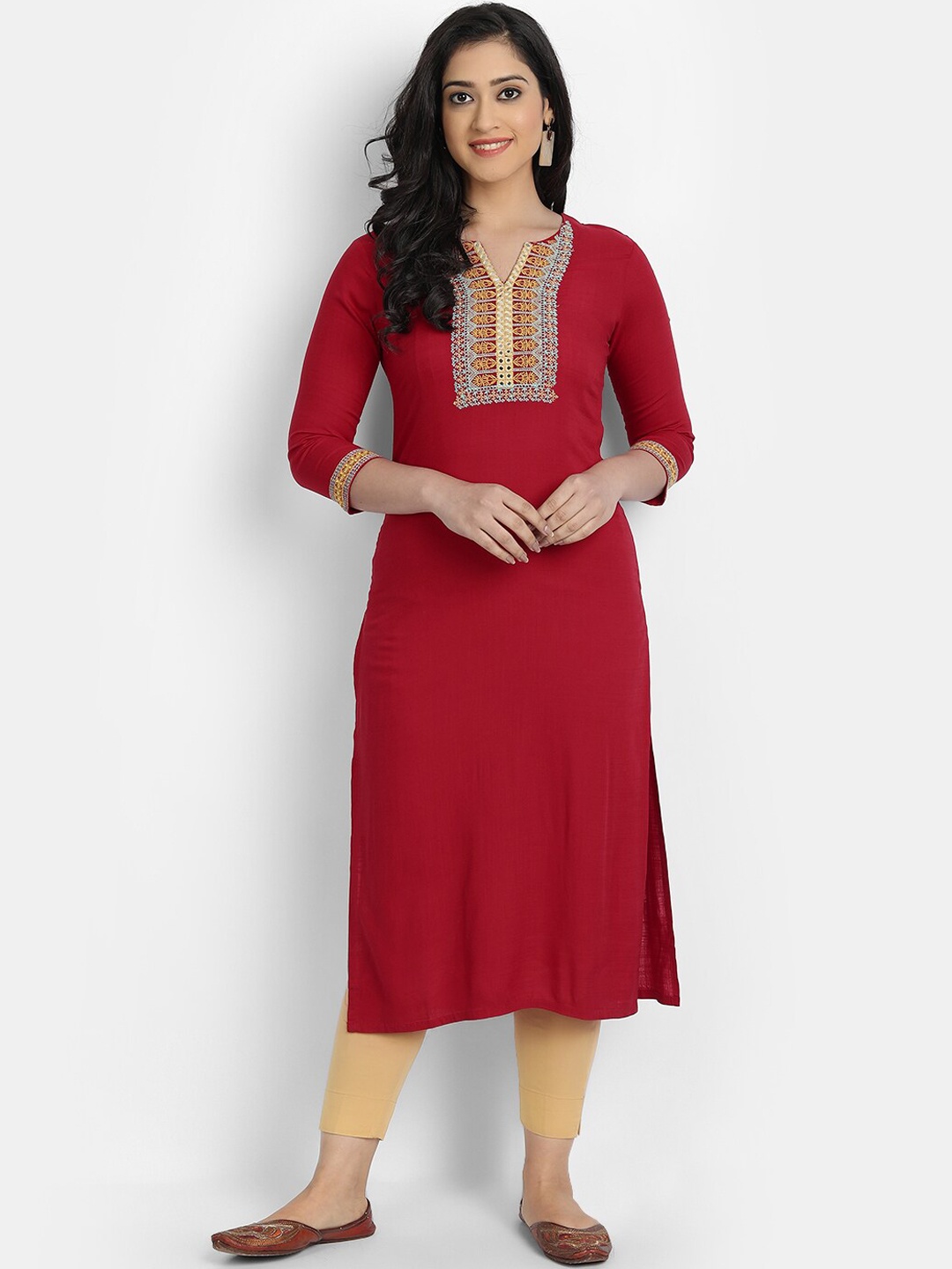 

fabGLOBAL Women Red & Yellow Yoke Design Thread Work Kurta