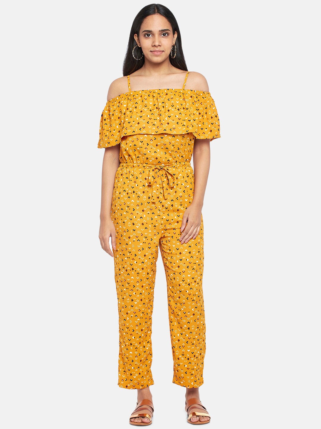 

People Women Mustard & Black Printed Shoulder Straps Basic Jumpsuit