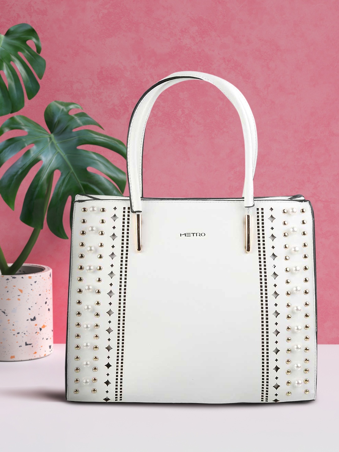 

Metro Women White Embellished PU Shopper Handheld Bag