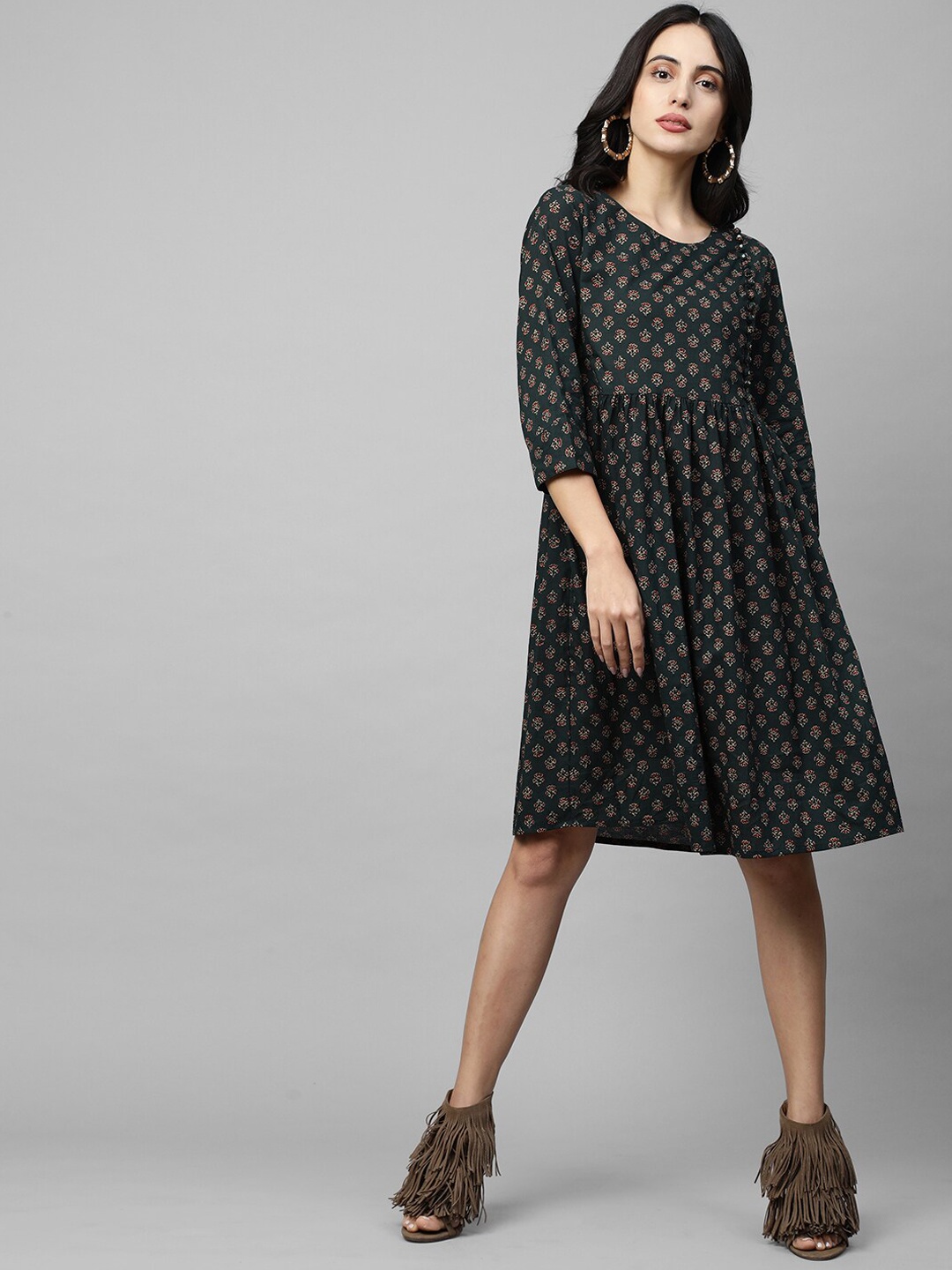 

FASHOR Green & Red Ethnic Motifs Block Printed Ethnic A-Line Dress
