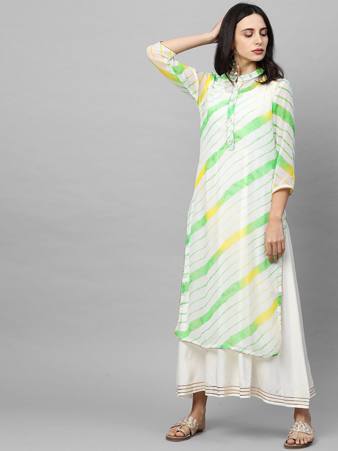 

FASHOR Green & Off White Lehariya Printed Layered Ethnic Maxi Fit & Flare Dress