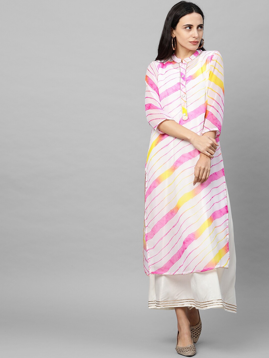 

FASHOR Pink & Off White Lehariya Printed Layered Ethnic Maxi Fit & Flare Dress