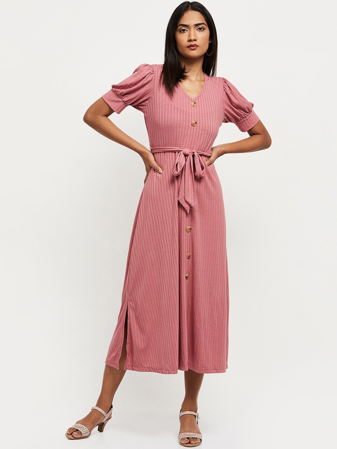 

max Women Pink Striped A-Line Midi Dress