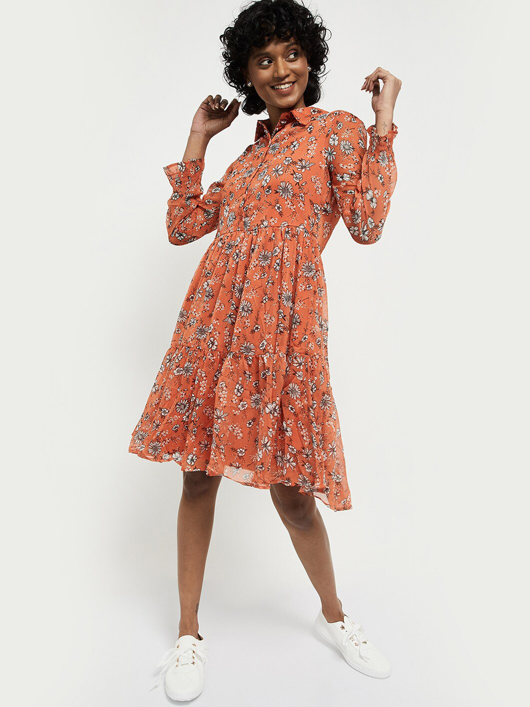 

max Women Orange Floral Printed Shirt Collar Fit & Flare Dress