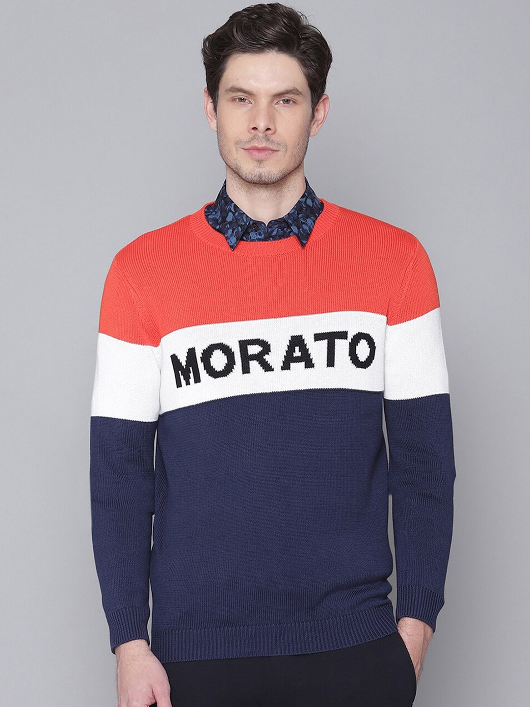 

Antony Morato Men Blue & White Colourblocked Pullover