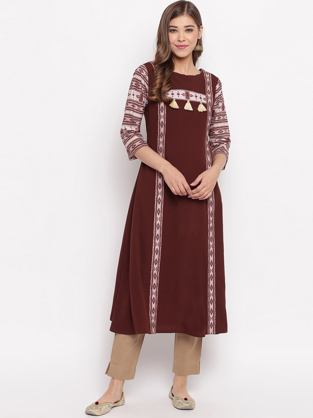

Janasya Women Brown Ethnic Motifs Printed Crepe Kurta