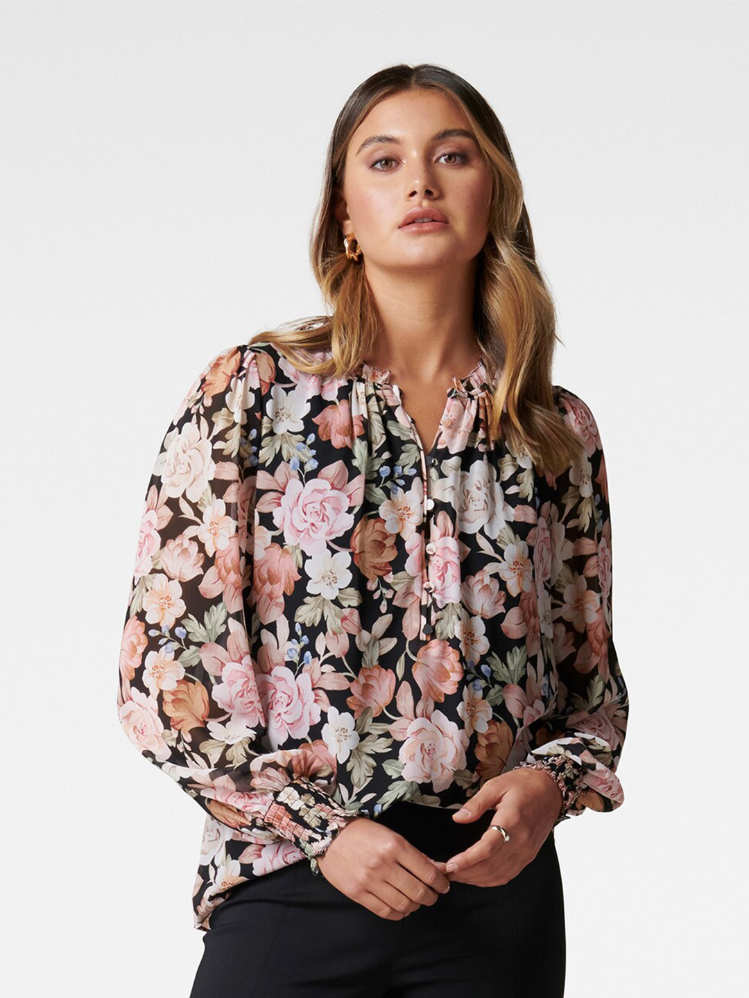 

Forever New Black Printed Floral Shirt Style Top