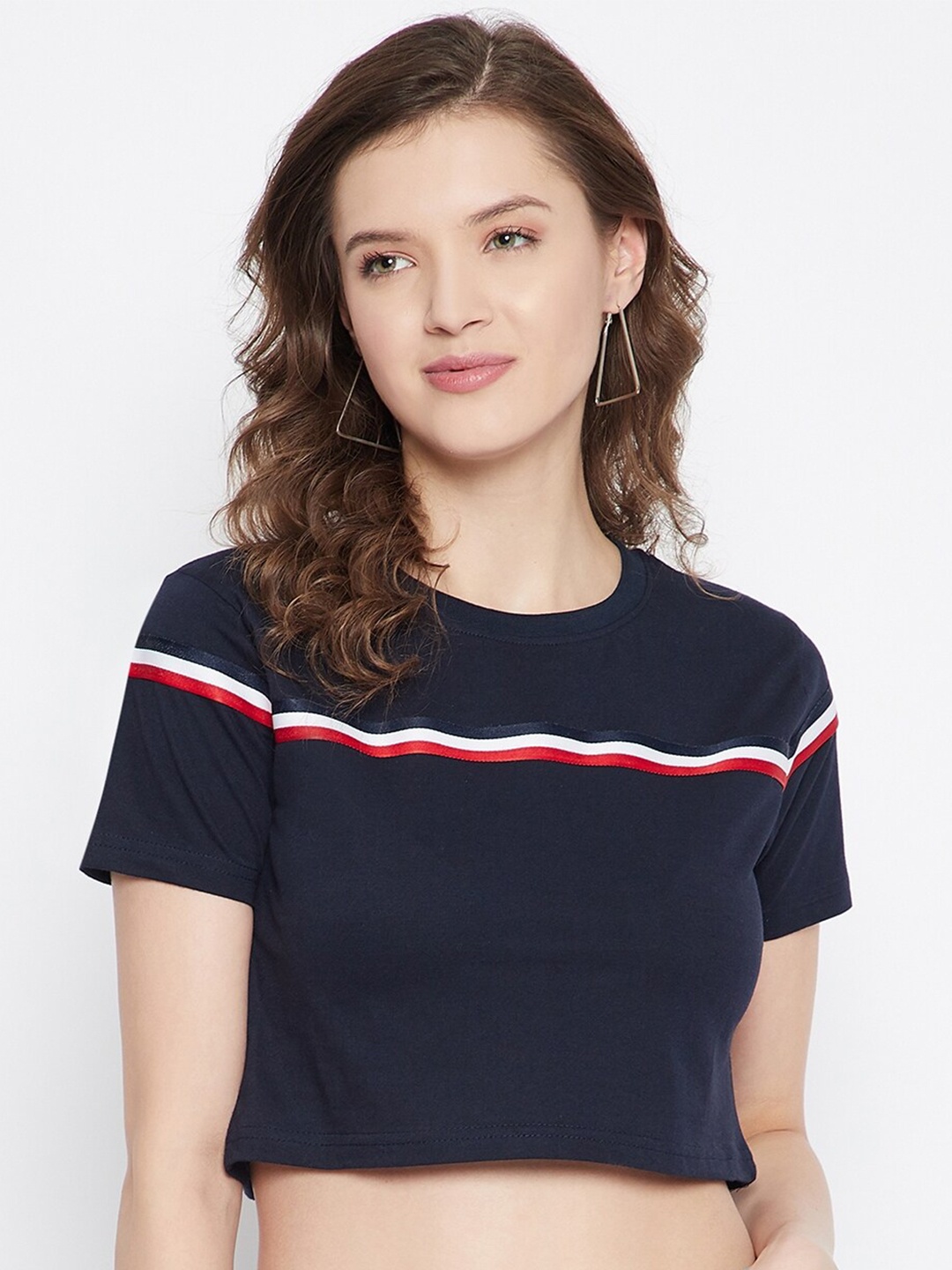

Rodzen Women Navy Blue White Colourblocked Slim Fit Pure Cotton T-shirt