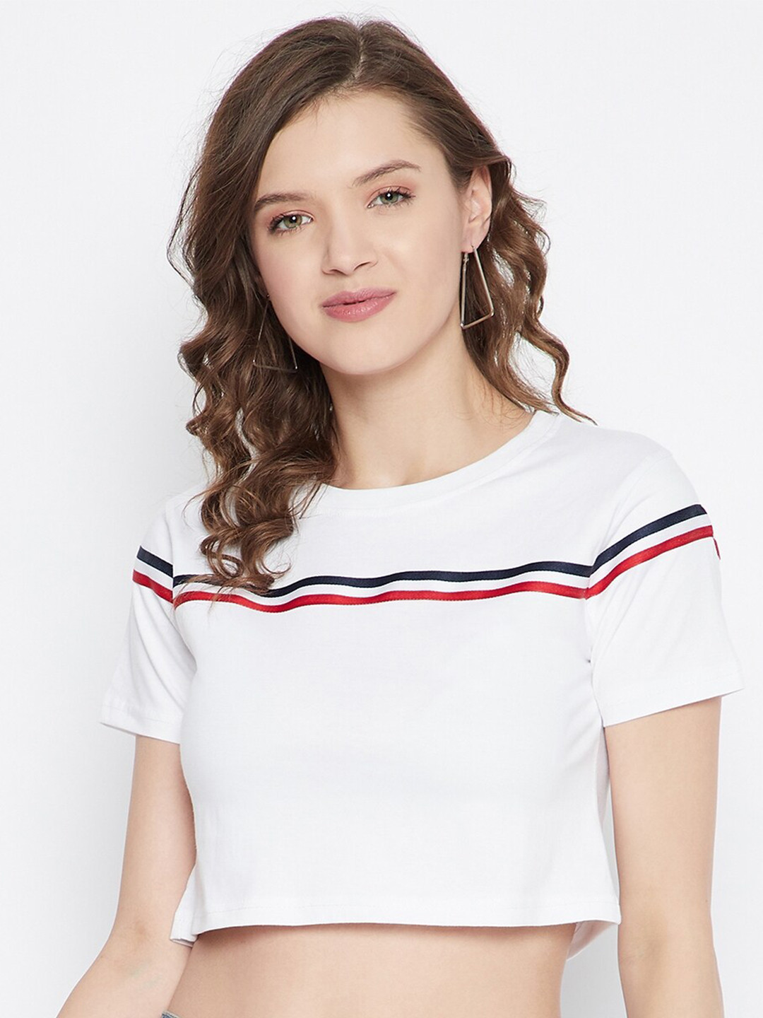 

Rodzen Women White Navy Blue Colourblocked Slim Fit Pure Cotton T-shirt