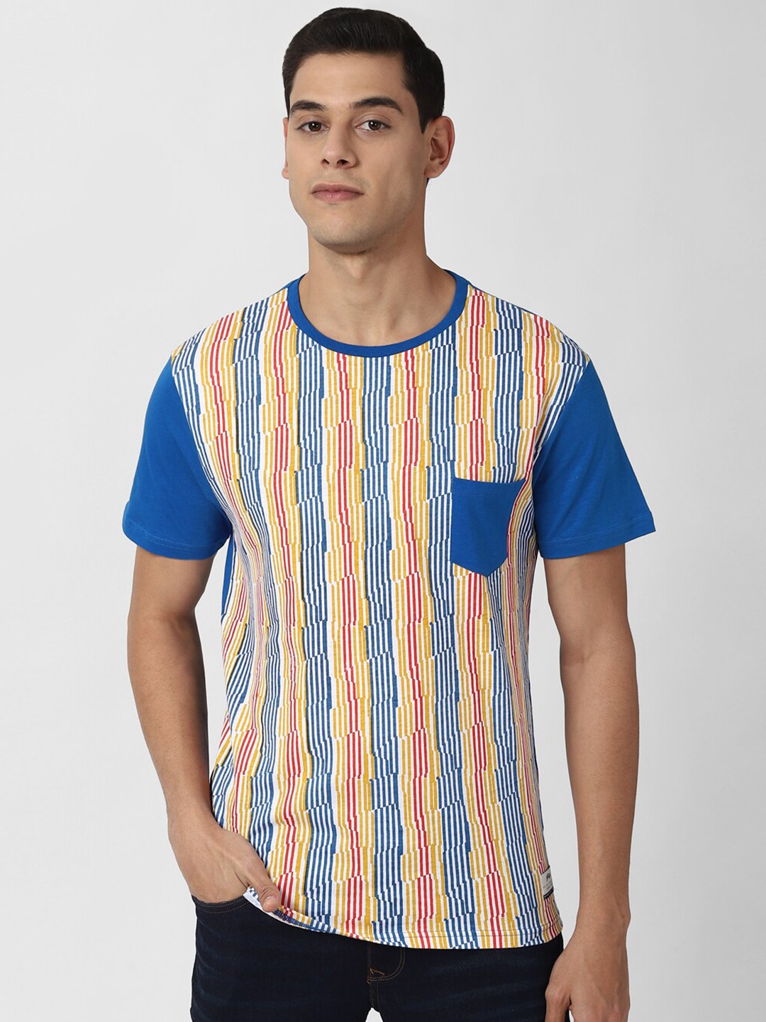 

Peter England Casuals Men Blue Striped Pockets T-shirt