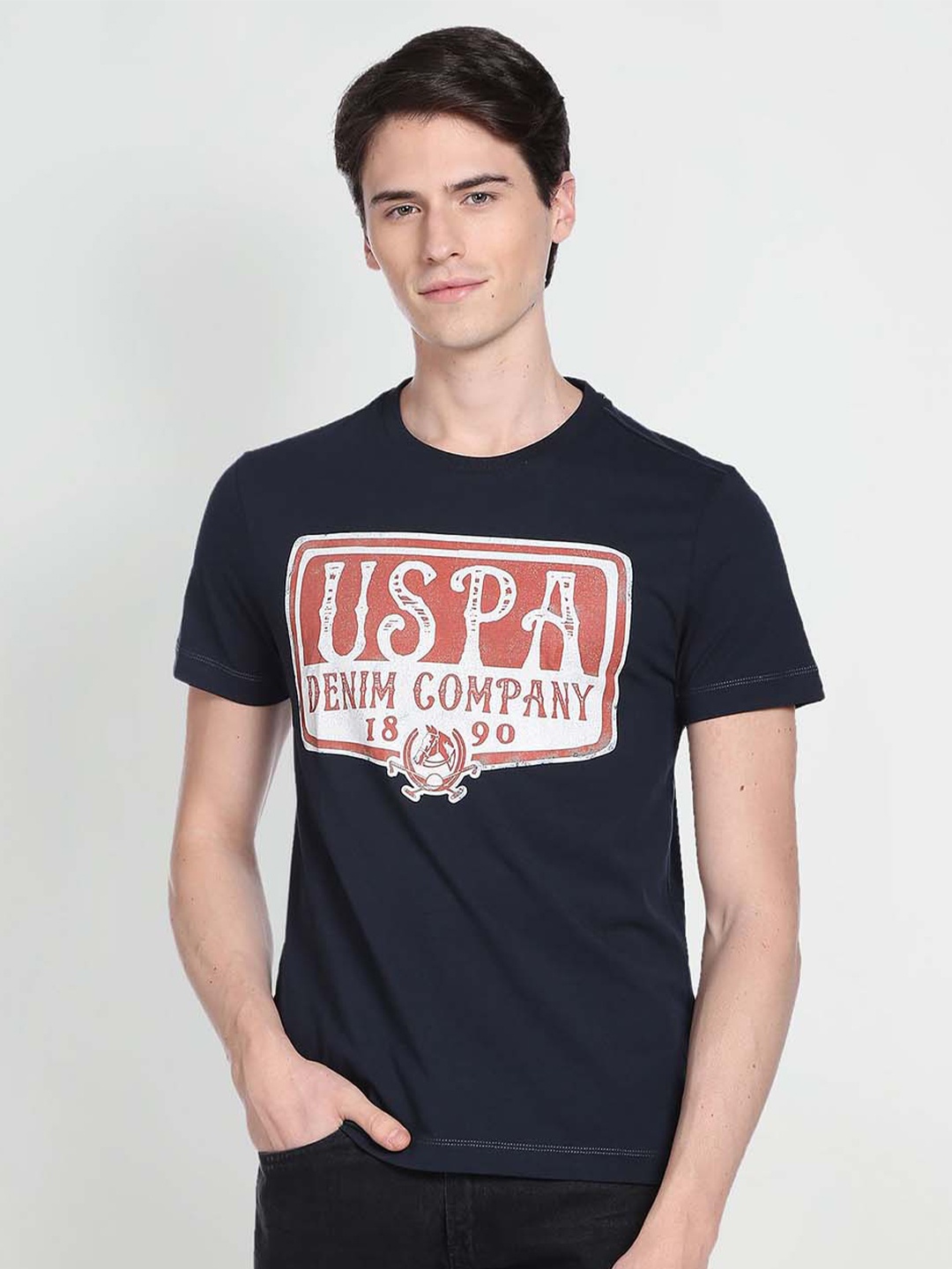 

U.S. Polo Assn. Denim Co. Men Navy Blue Typography Printed Applique T-shirt