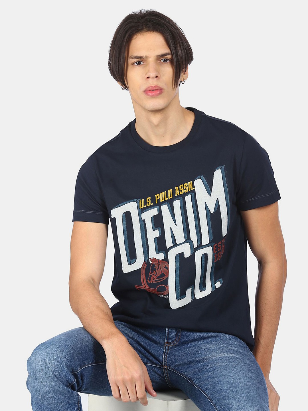 

U.S. Polo Assn. Denim Co. Men Navy Blue & dark sapphire Typography Printed Applique T-shirt