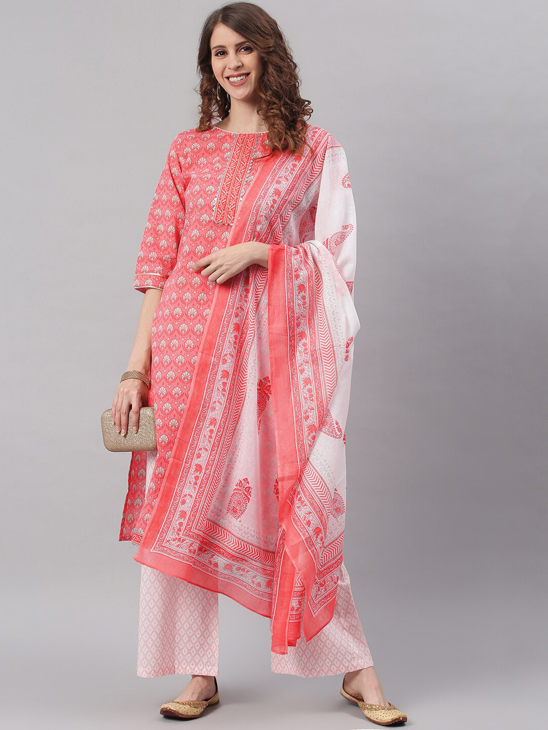 

Janasya Women Pink Ethnic Motifs Printed Pleated Pure Cotton Kurta with Palazzos & Dupatta