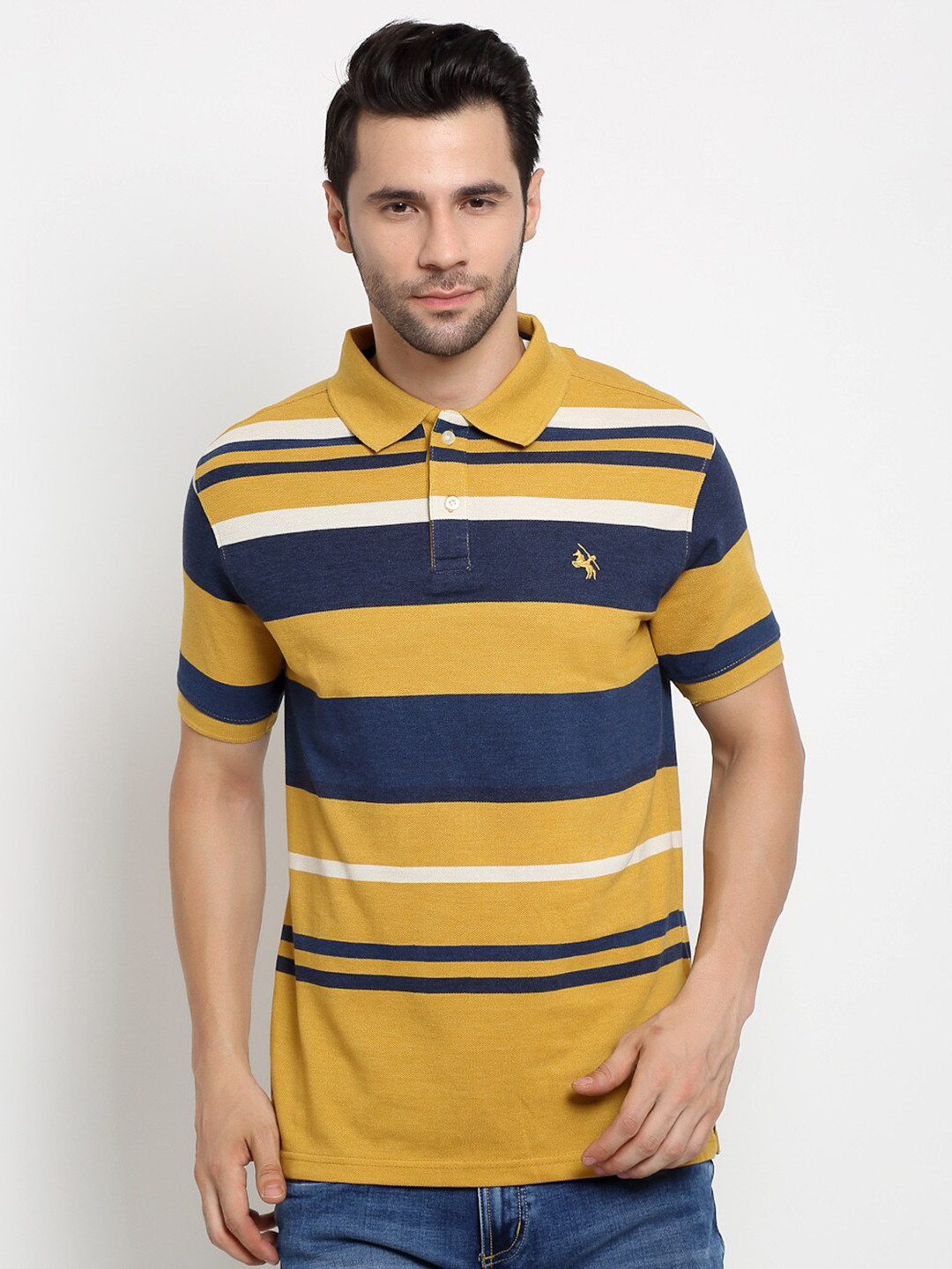

Cantabil Men Mustard Yellow Striped Polo Collar Applique T-shirt