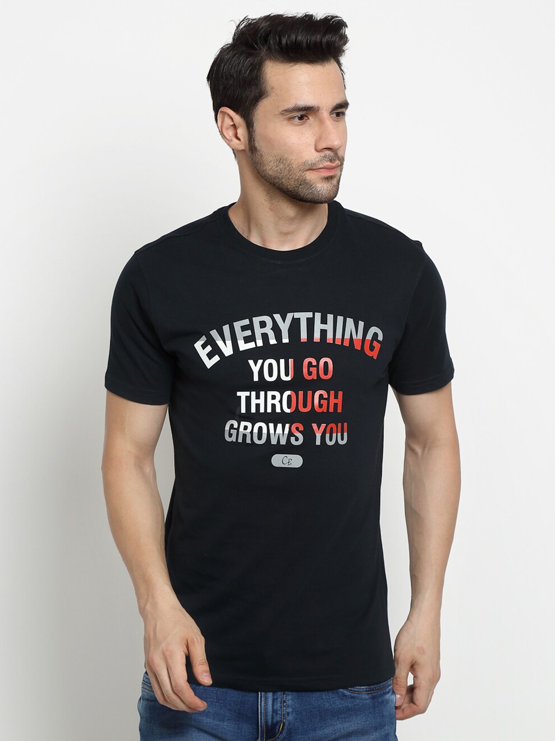 

Cantabil Men Navy Blue & eerie black Typography Printed T-shirt