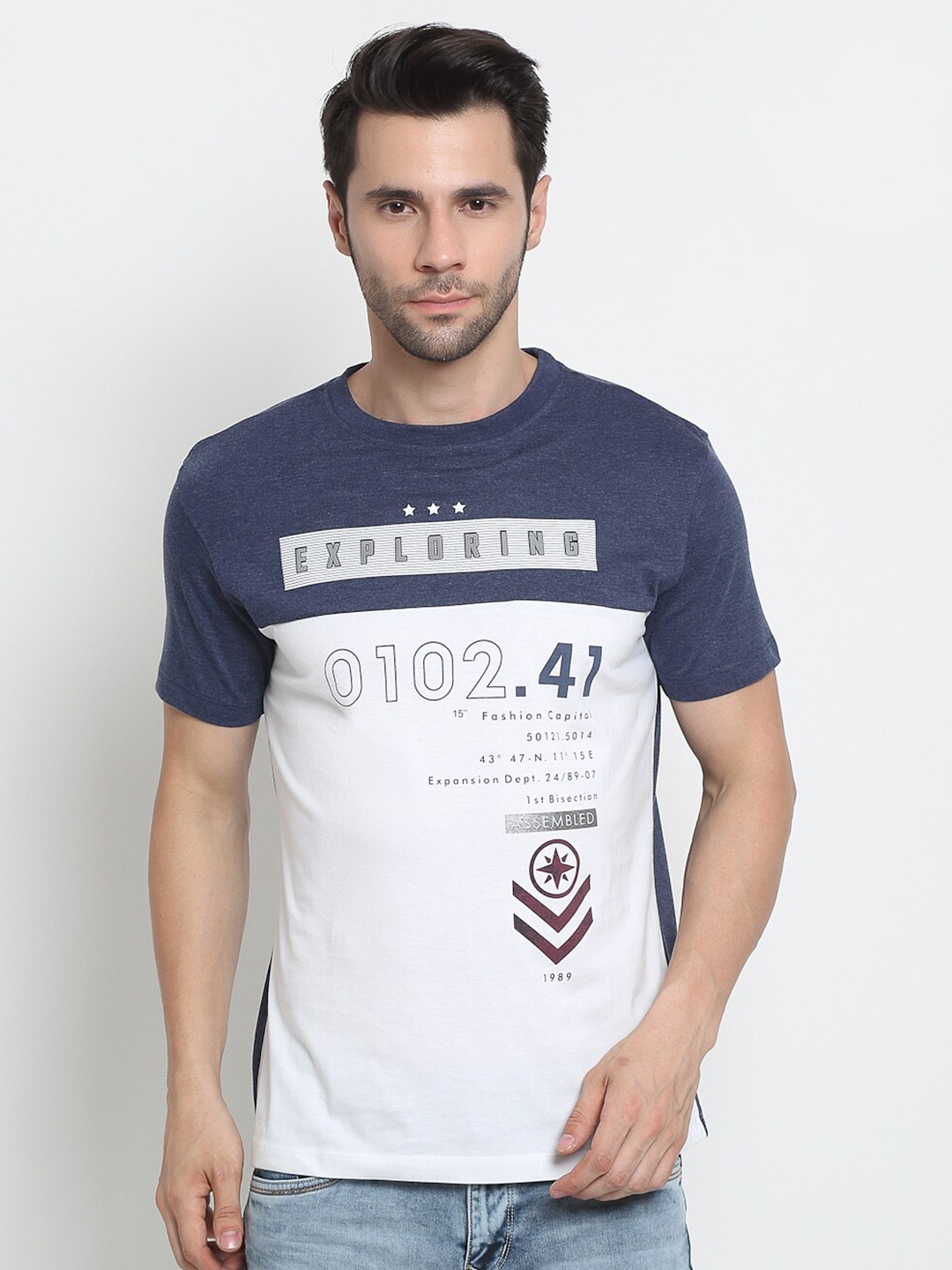 

Cantabil Men White & Navy Blue Colourblocked Cotton T-shirt