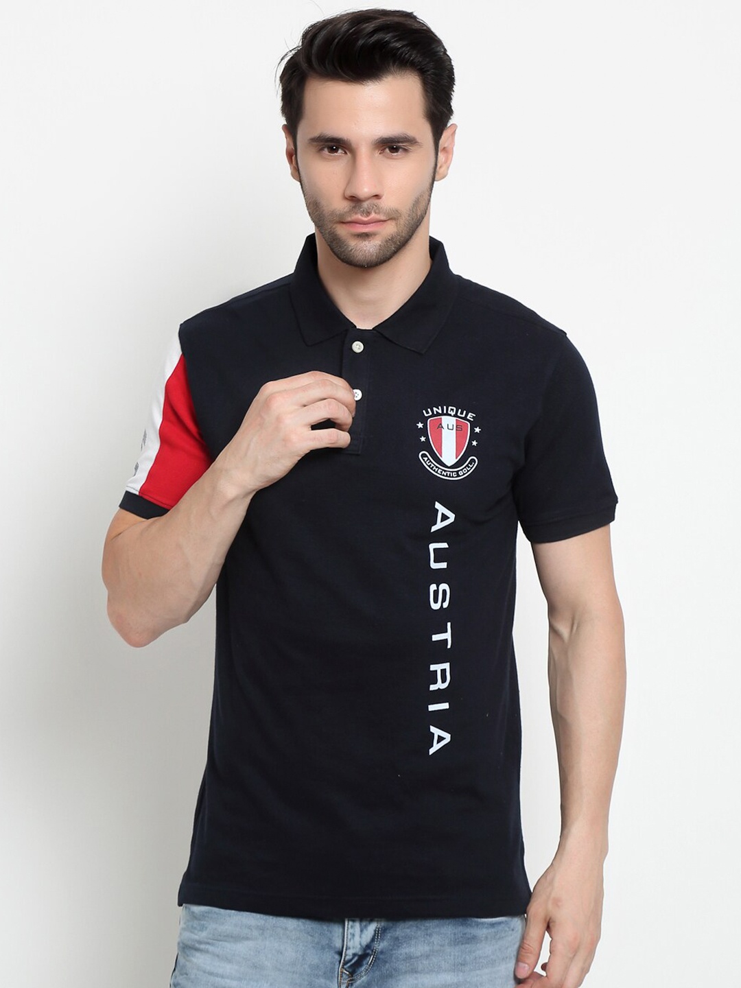

Cantabil Men Navy Blue & White Typography Printed Mandarin Collar Cotton T-shirt
