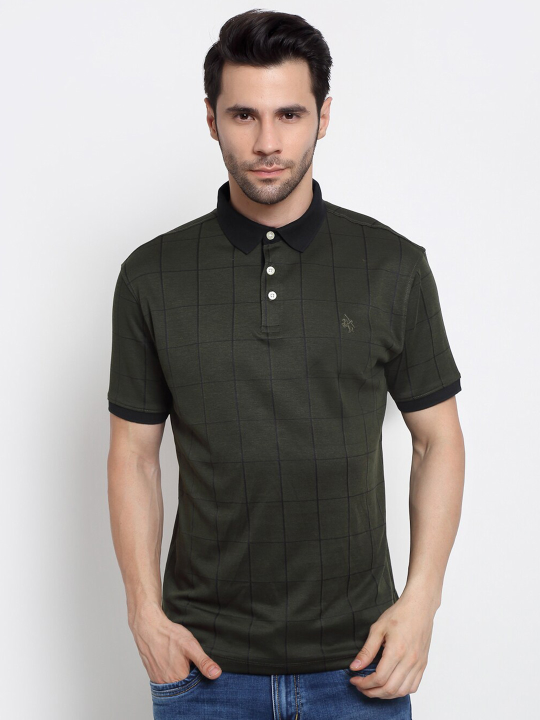 

Cantabil Men Olive Green & Navy Blue Checked Polo Collar Cotton T-shirt