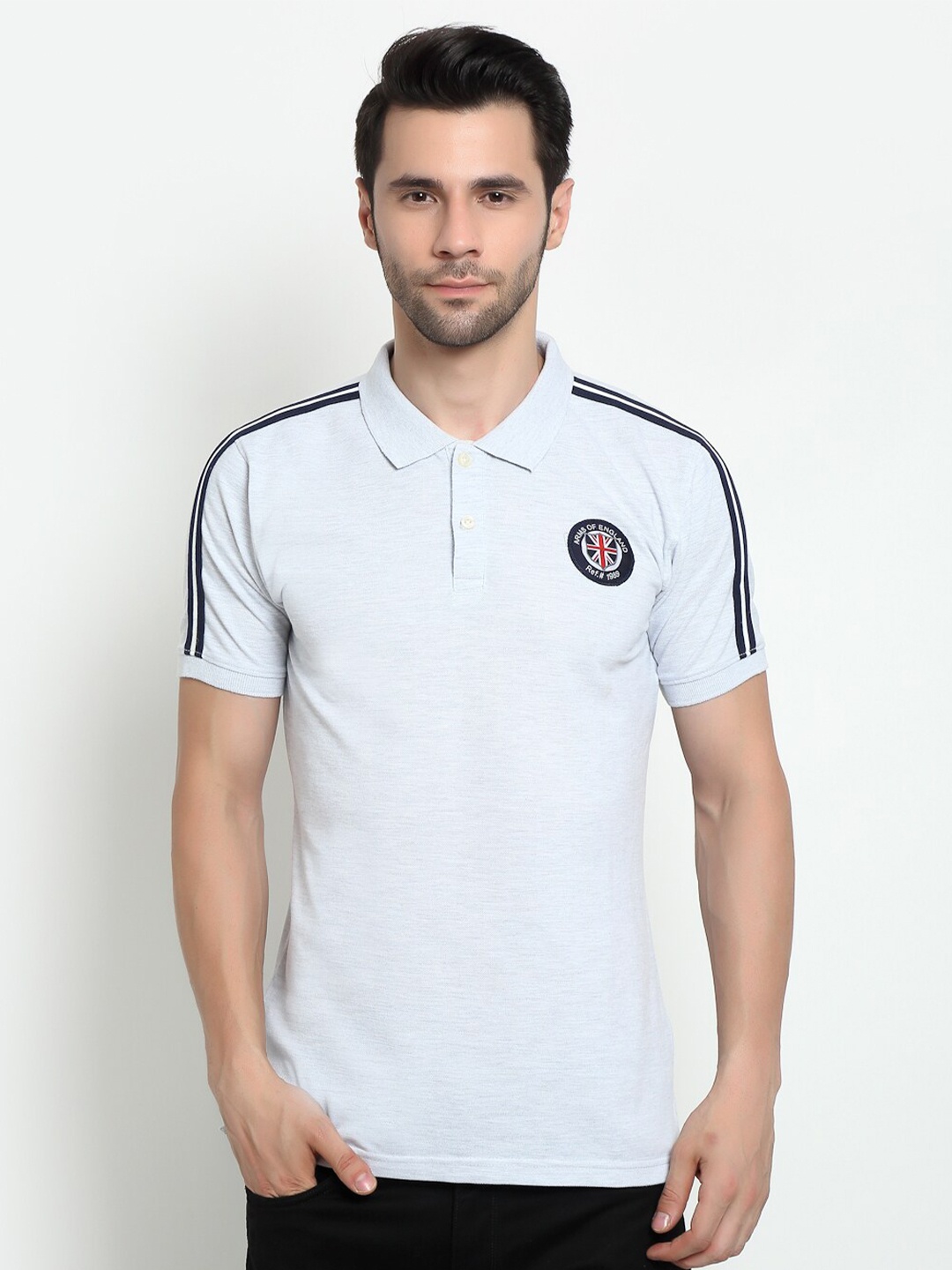 

Cantabil Men Grey Melange Polo Collar Applique Cotton T-shirt