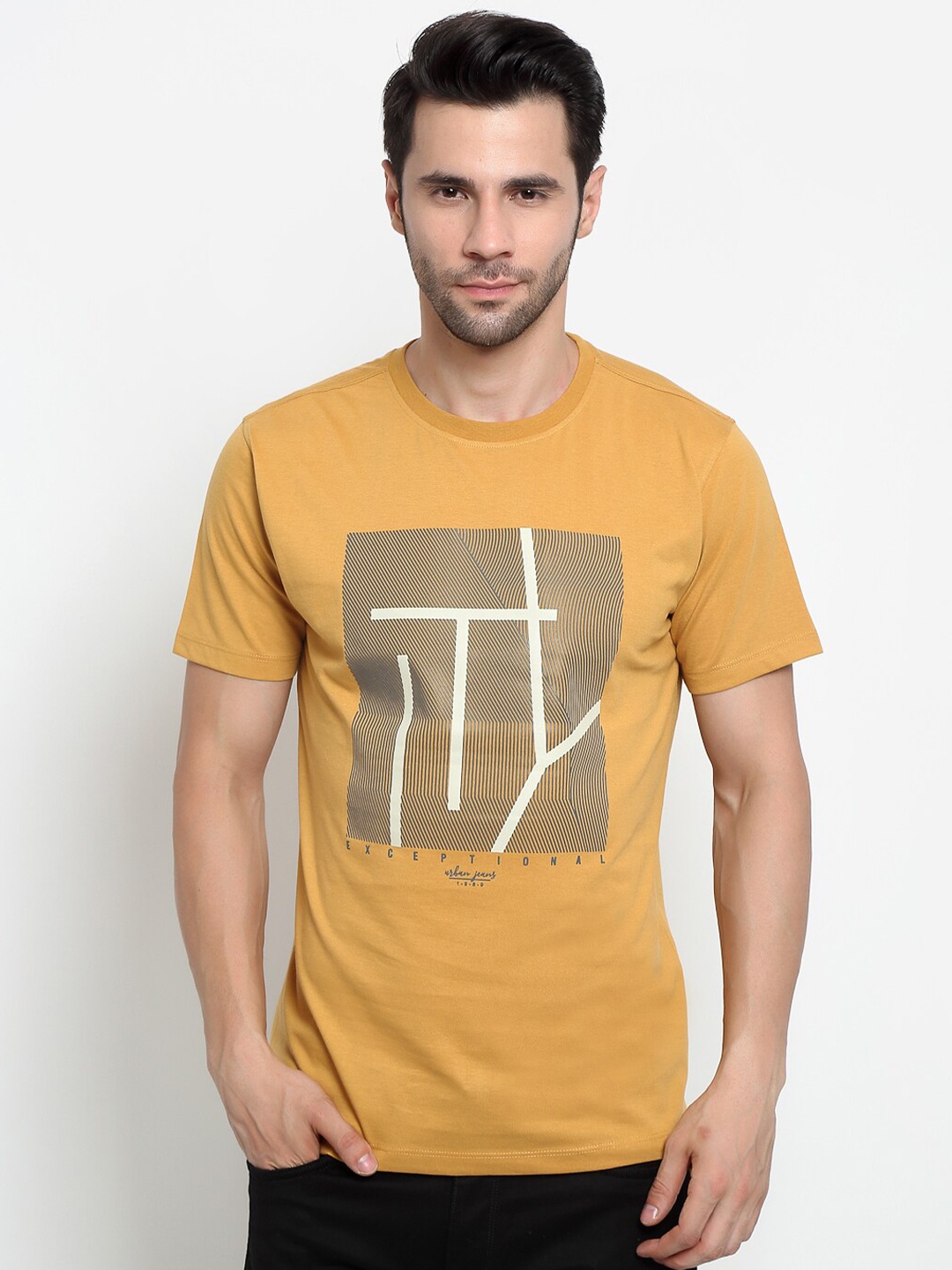 

Cantabil Men Mustard Yellow & Off White Typography Printed Cotton T-shirt