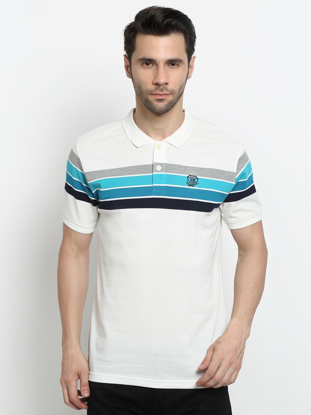 

Cantabil Men White & Blue Striped Polo Collar Cotton T-shirt