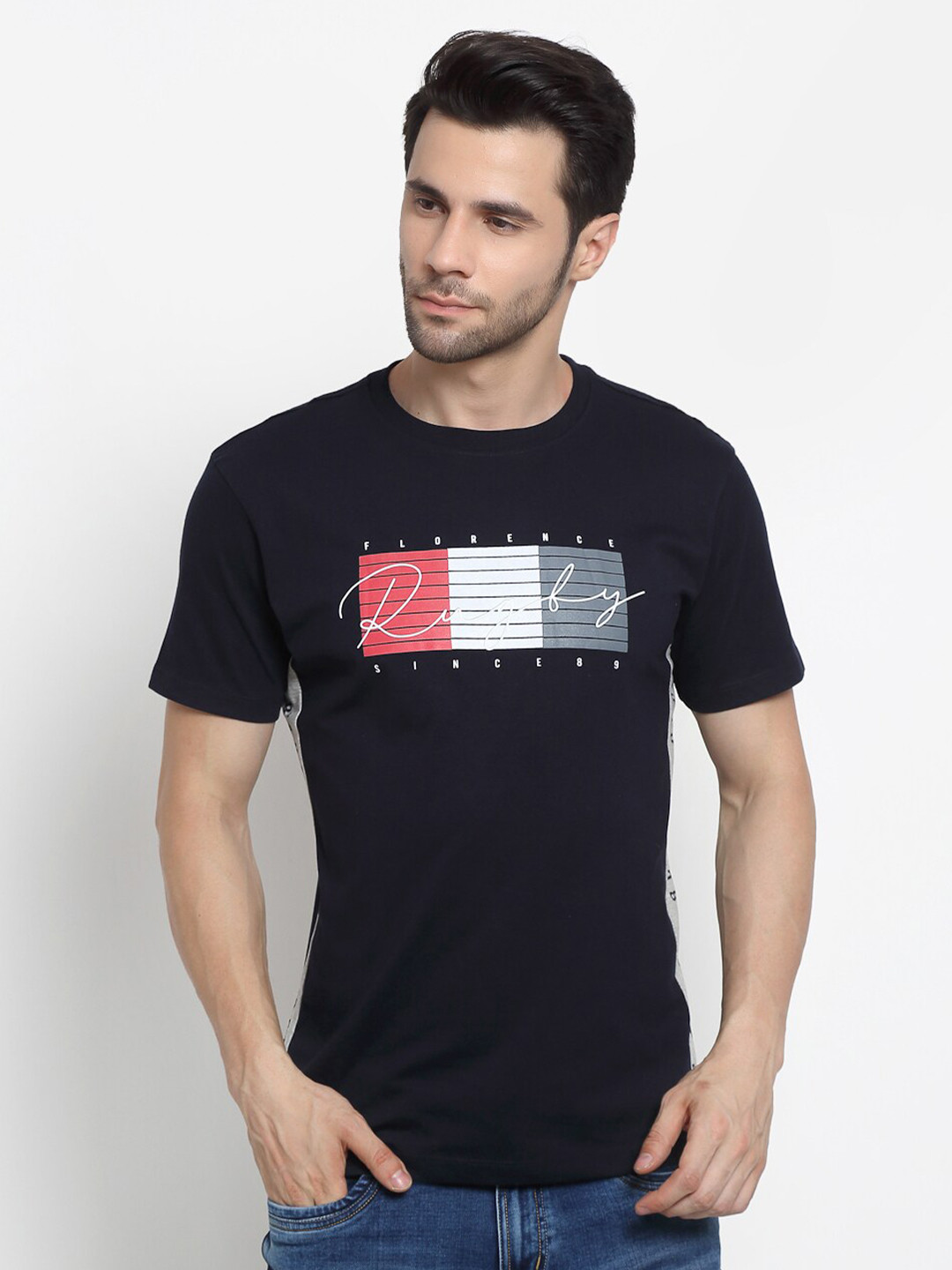 

Cantabil Men Navy Blue & Red Printed Cotton T-shirt
