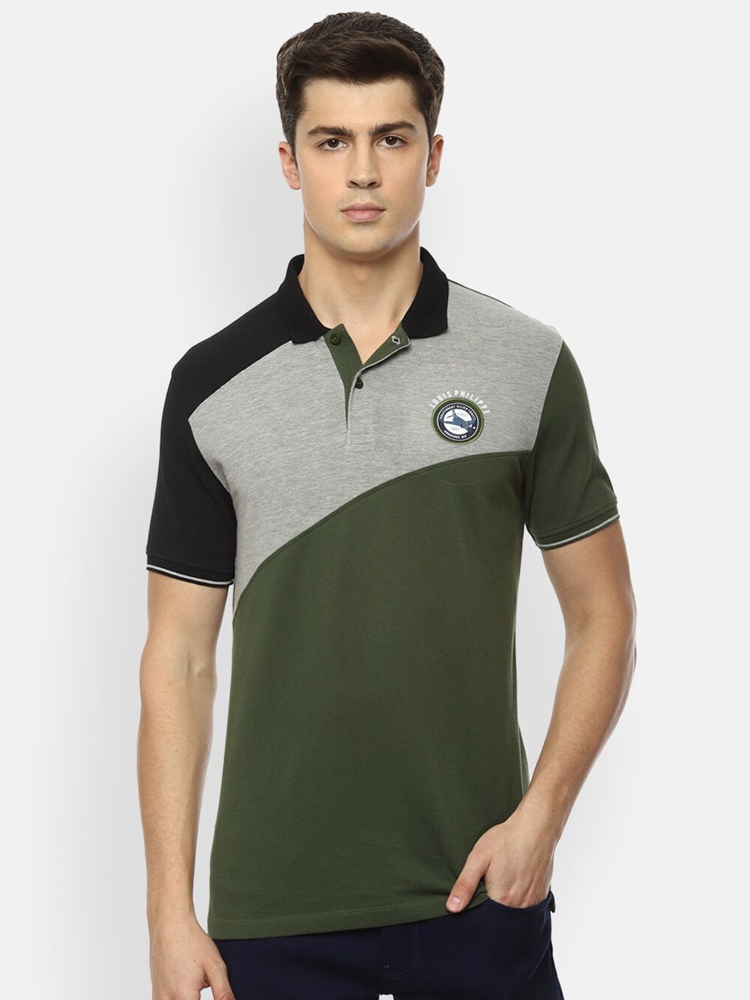 

Louis Philippe Sport Men Olive Green & Grey Colourblocked Polo Collar T-shirt