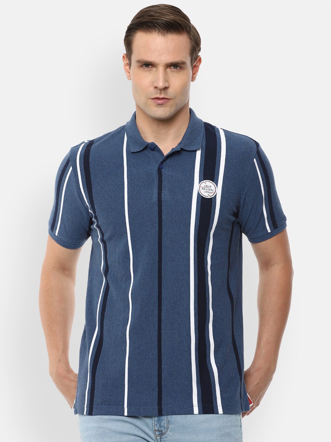 

Louis Philippe Sport Men Blue & White Striped Polo Collar T-shirt