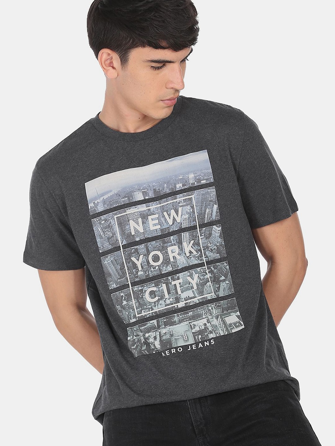 

Aeropostale Men Charcoal White Printed Pure Cotton T-shirt