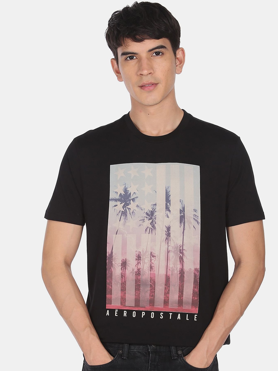 

Aeropostale Men Black Pink Printed Pure Cotton T-shirt