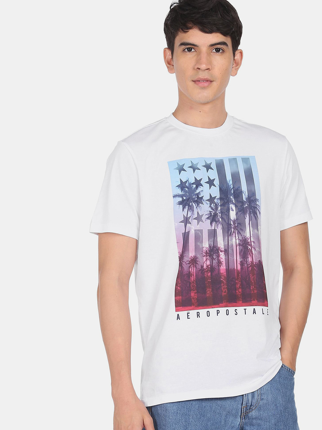 

Aeropostale Men White Blue Printed Pure Cotton T-shirt