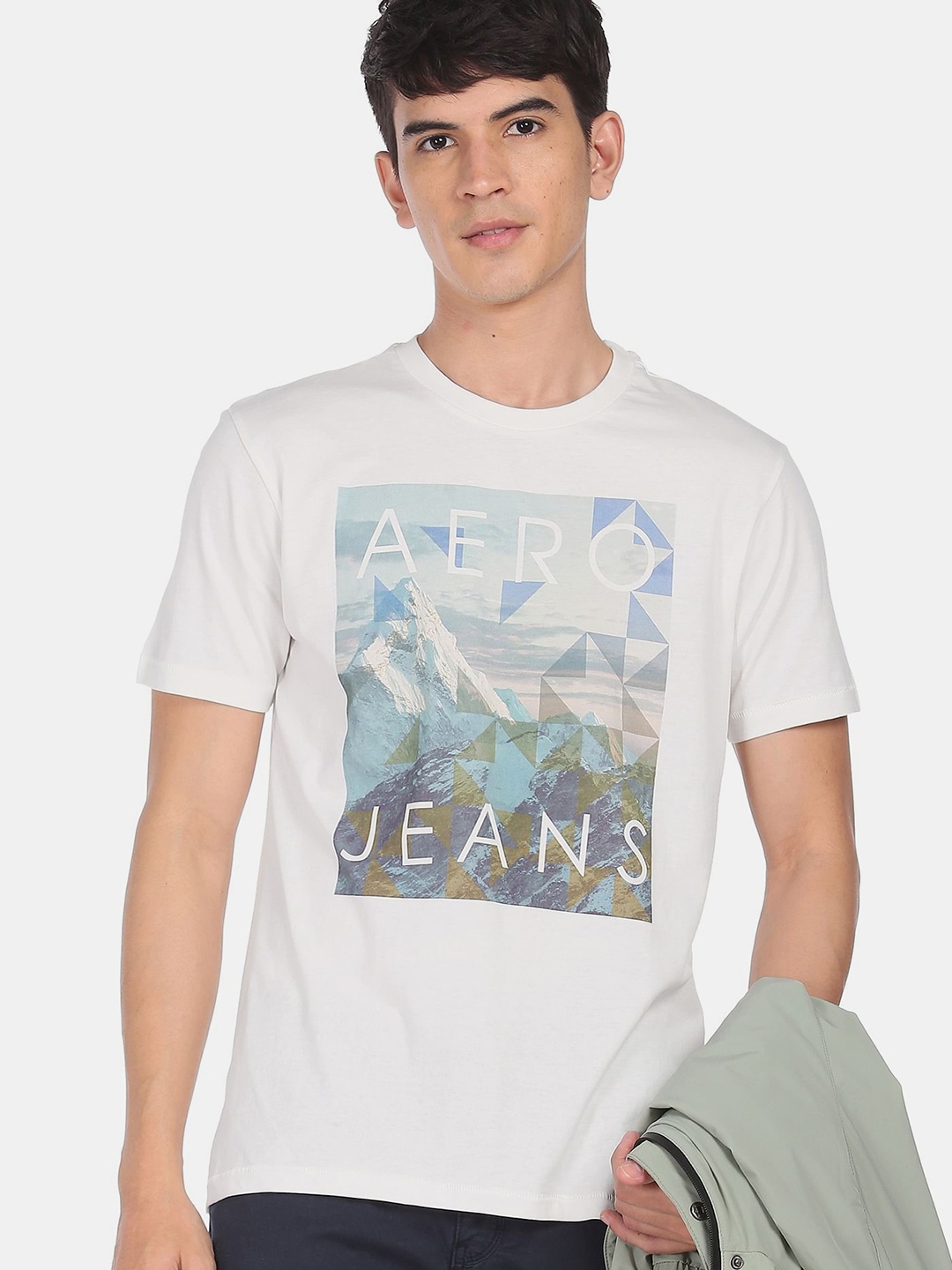 

Aeropostale Men White Blue Graphic Printed Crew Neck Pure Cotton T-shirt