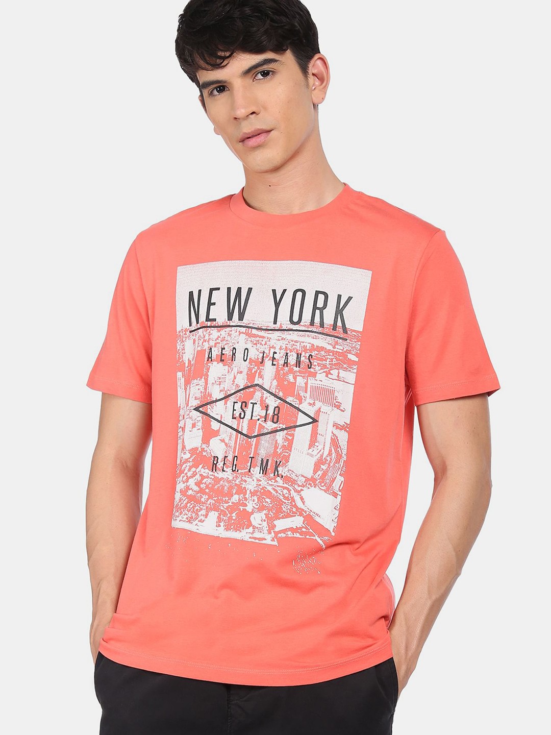 

Aeropostale Men Coral White Printed Pure Cotton T-shirt