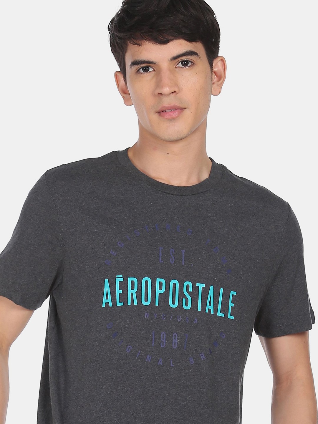 

Aeropostale Men Charcoal & Blue Brand Name Printed Heathered Cotton T-shirt