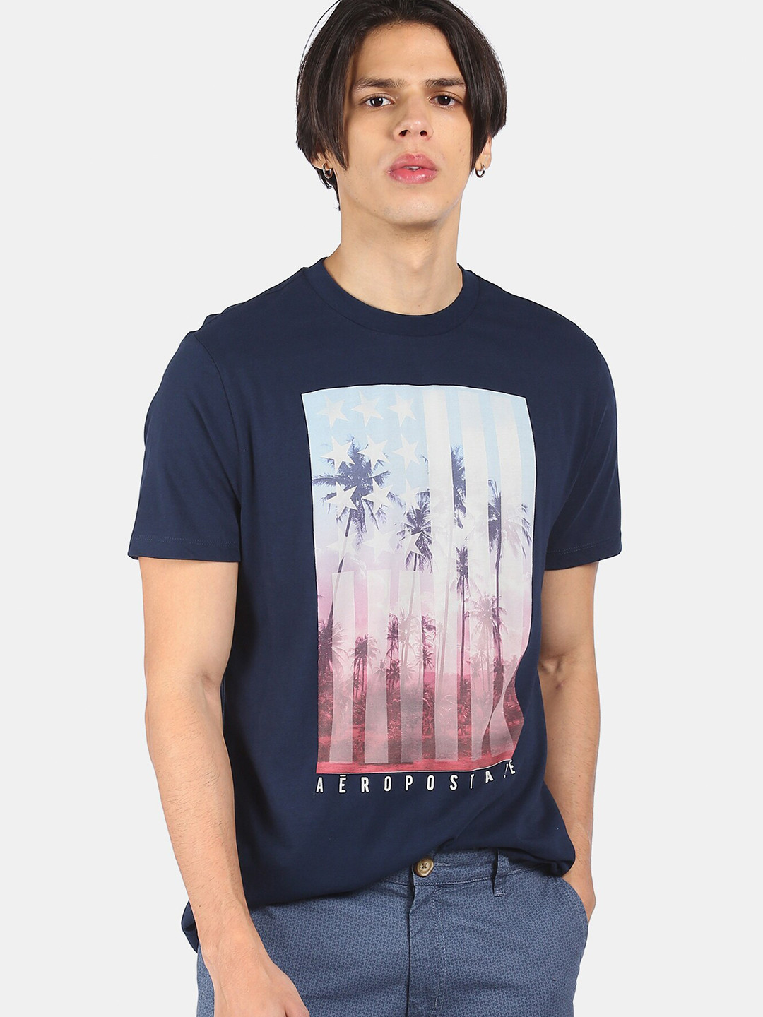

Aeropostale Men Navy Blue White Printed Pure Cotton T-shirt