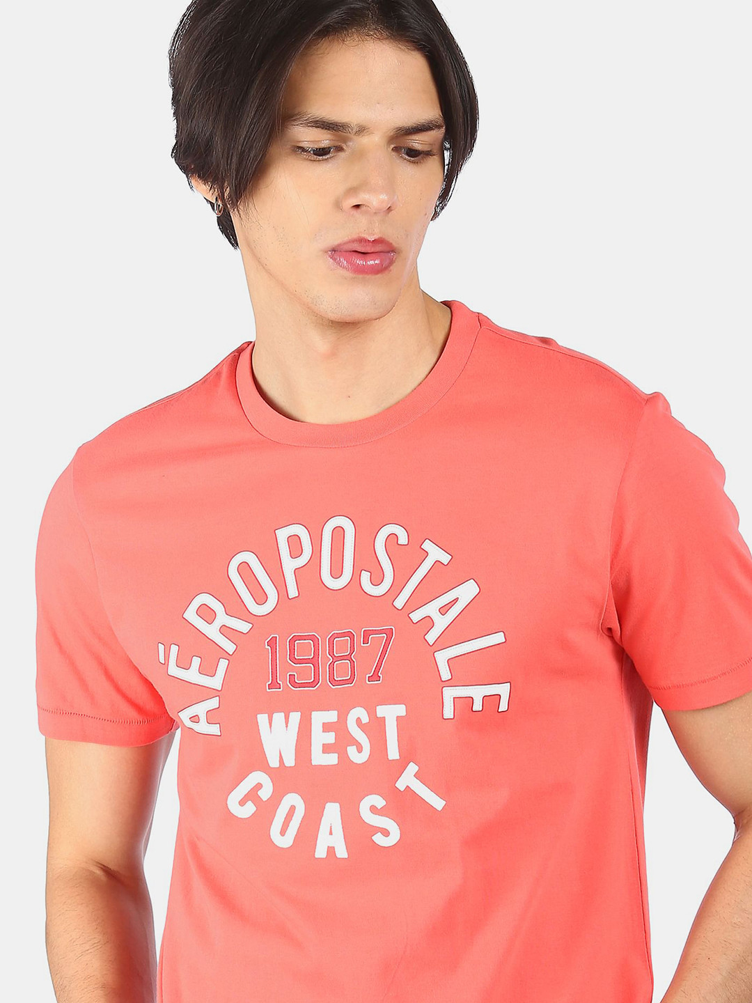 

Aeropostale Men Coral White Brand Logo Printed Pure Cotton T-shirt