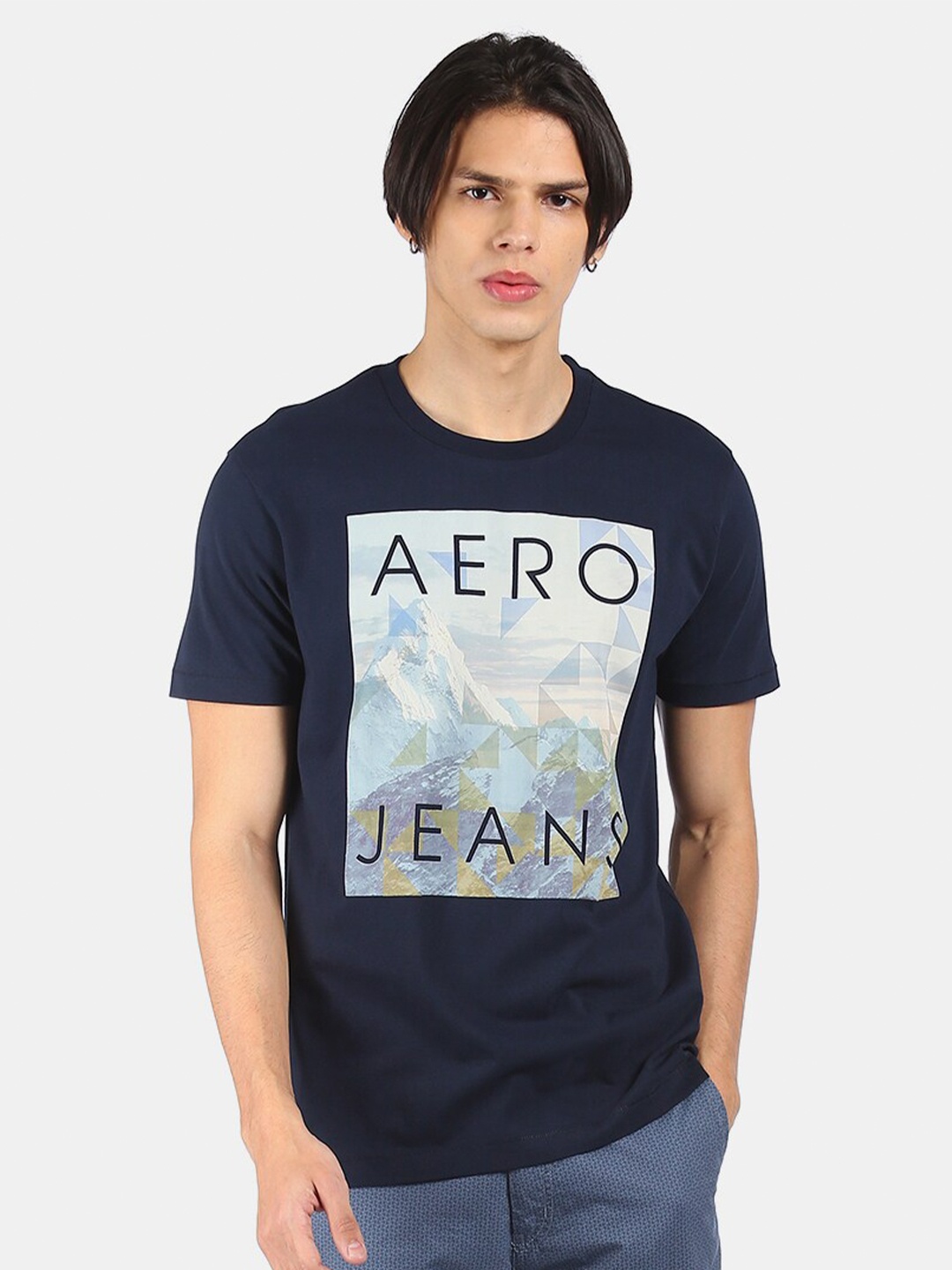 

Aeropostale Men Navy Blue White Printed Pure Cotton T-shirt