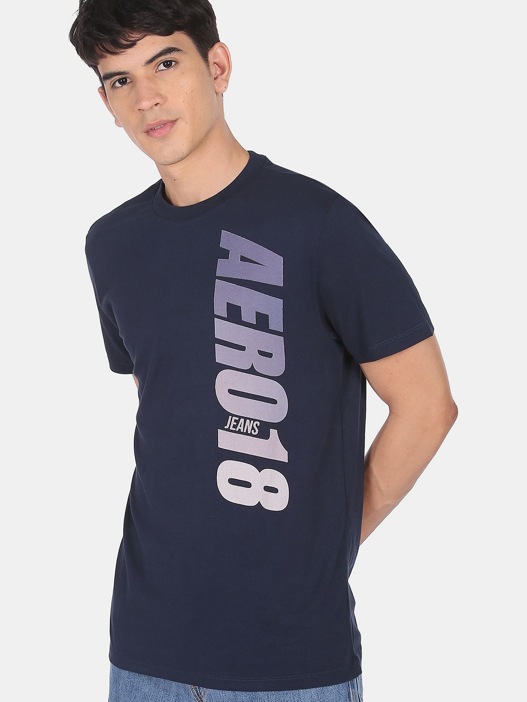 

Aeropostale Men Navy Blue Purple Brand Logo Printed Pure Cotton T-shirt